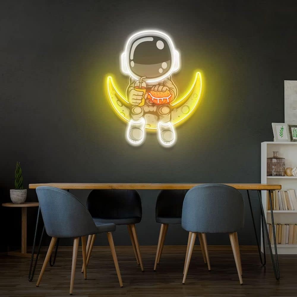 Neon Sign Astronaut Eating Cheeseburger Neon Signs Artwork Handmade Moon Led Lights Astronaut Signs for Home Bedroom Wall Decor Party Bar Size: 45cm
