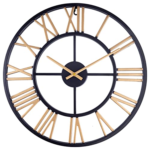 Reloj de pared grande de la industria europea, gran reloj de pared retro con números romanos, silencioso, sin tictac, reloj de pared de metal, para salón, cocina, cueva - 47 cm, color dorado Cover