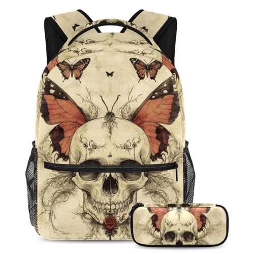 Sac à dos grande capacité anti-déchirure motif papillon et crâne avec trousse pour ados