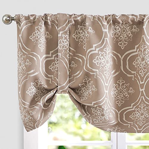 Jinchan Tie Up Valance Curtain Moroccan Tile Print Valance For Kitchen Quatrefoil Blackout Window Valance Adjustable Thermal Insulated Tie-Up Shade 18 Inch Rod Pocket For Living Room 1 Panel Taupe #TOP8