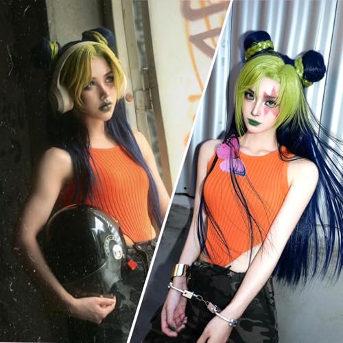 Image of LABEAUTE Jolyne Cujoh Cosplay Wig Blue and Green Long Straight Wigs with Bangs Anime Heat Resistant Hair for Party Halloween Costumes