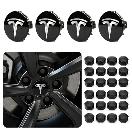 Image of Tesla Model 3 Y S X Wheel Cap Kit 4 Hub Center Cap + 20 Lug Nut Cover (White)