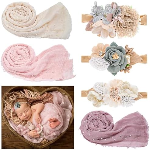 Preboun 6 Pcs 35.4 x 66.9 Inches Photography Props Wrap Knit Pearl Decor Wrap Blanket Swaddle Baby Photoshoot Props 3 Pcs Flower Newborn Headbands for Girls 3 Pcs Newborn Photography Wraps, 3 Colors
