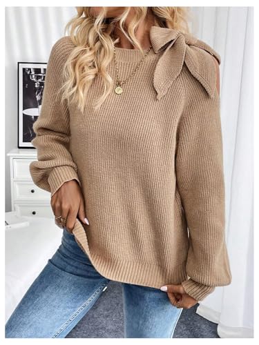 MakeMeChic Women's Long Sleeve Sweater Round Neck Cut Out Bow Knot Asymmetrical Knit Tops3