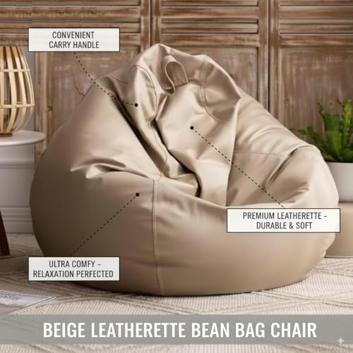 Image of 4XL Faux Leather Tear Drop Bean Bag Cover with Handle (Without Beans) Large Beige Bean Bag Sofa Cover for Adults & Kids Comfortable Lounge Chair for Living Room & Bedroom