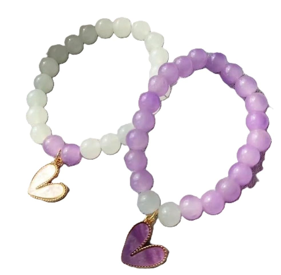 Crystal Beads Bracelet, White and Purple with Heart Charm, Best fro Women Gifting celberation | Set Of 2 |