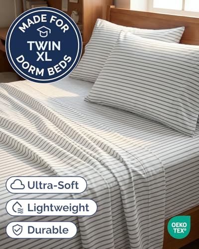 Image of Twin XL 4 Piece Sheet Set - College Dorm Room Essentials - Grey Stripes
