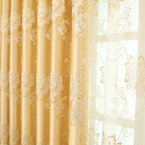 Elkca Luxury Gold Floral Curtains For Bedroom Jacquard Window Curtains For Living Room,Grommet Top,2 Panels(Floral-Golden,52 By 96 Inch Long) #TOP1