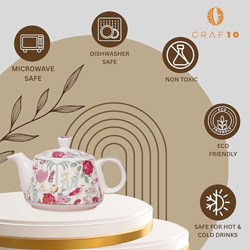 Image of CRAF10 Ceramic Handcrafted Blossom Breeze Small Tea Set - 1 Kettle (350 ML), 2 Cups (160 ML), 1 Bowl (for Sugar or Snacks), 1 Tray | Microwave & Dishwasher Safe | Teapot | Gifting Option