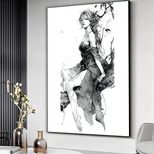 Peinture inspirée croquis noir et blanc tableau poétique féminin