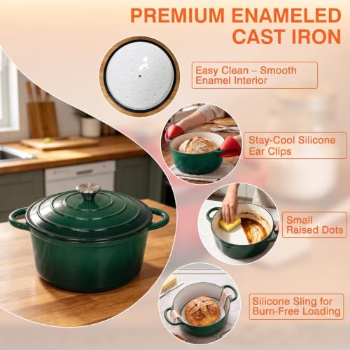 Image of Enameled Cast Iron Dutch Oven Pot with Lid 5.5QT, Sourdough Bread Baking Supplies with Banneton Bread Proofing Basket Set & Starter Jar, Unique Dutch Oven for Bread Baking (Gradient Green)