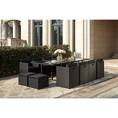 CONCEPT USINE | Salon de Jardin Encastrable Résine Tressée 12 Personnes | Miami Noir Coussins Noir | Table Plateau de Verre Amovible + 8 Fauteuils + 4 poufs...