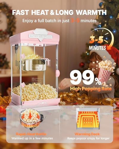 Image of 8 Oz Popcorn Machine, Tabletop Popcorn Maker, Countertop Pop Corn Machine Makes Up to 32 Cups, Movie Theater Popcorn Popper Machine with Stainless-Steel Kettle for Home Family, Pink