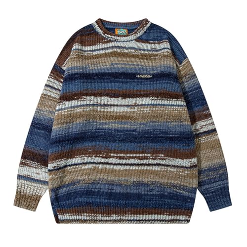 PEHMEA Men's Vintage Striped Sweater Oversized Knitted Pullover Crewneck Long Sleeve Colorblock Jumper Tops(03Blue-M)