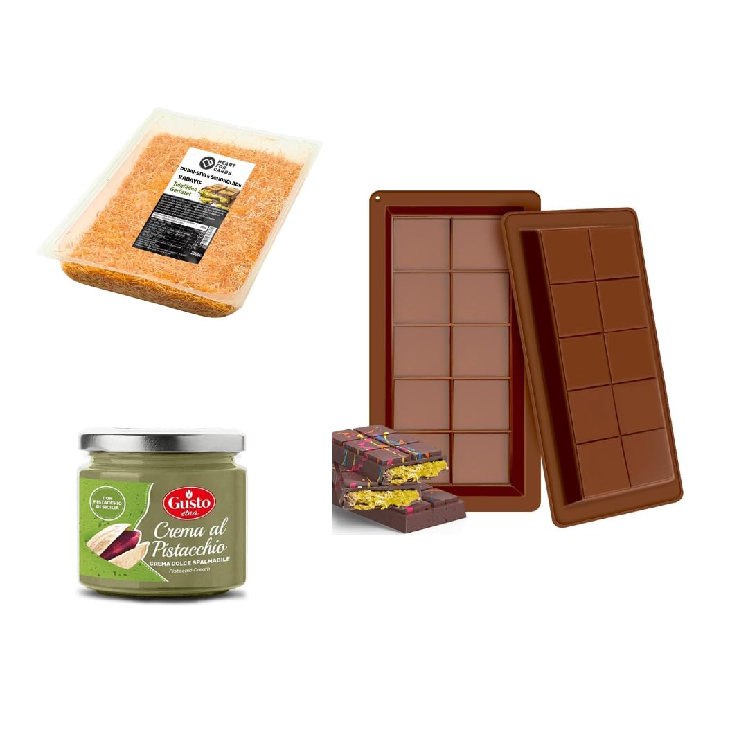 Kadayif 200 g + crema de pistacho Gusto Etna (190 g) + 2 moldes de chocolate | Set para chocolate estilo Dubai DIY Kadayif 200 g + crema de pistacho Gusto Etna (190 g) + 2 moldes de chocolate | Set