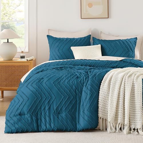 Image of Andency Teal Comforter Set Queen Size, Boho Soft Warm Tufted Bedding Comforter Sets for Queen Size Bed, 3 Pieces Aesthetic Chevron Farmhouse Cute Bohemian Textured Bed Set