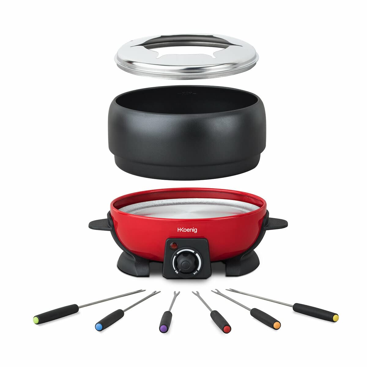 H.Koenig Elektryczne urządzenie do fondue z 6 widelcami, 2 l, stal nierdzewna ALP1800, zestaw do fondue, czekolada, ser, savoyarde, wyjmowana miska, powłoka zapobiegająca przywieraniu, wytrzymała,