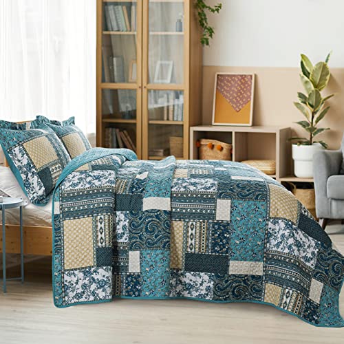 Vaputar Quilts Queen Size - 3 Piece Soft Queen Quilt Bedding Set, Lightweight Queen Bedspreads Cotton Boho Queen Quilt Set, Floral Bedding Set For Farmhouse Bedroom (Dream Blue) #TOP1