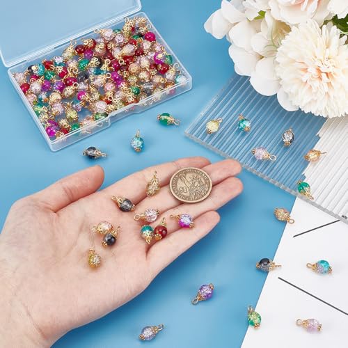HOBBIESAY 120Pcs 8mm Crackle Glass Bead Charms Mini Dangle Beads Pendant Round Crystal Charms Colorful Gemstone Charms for for DIY Necklace Bracelet Earrings Jewelry Making - Image 3