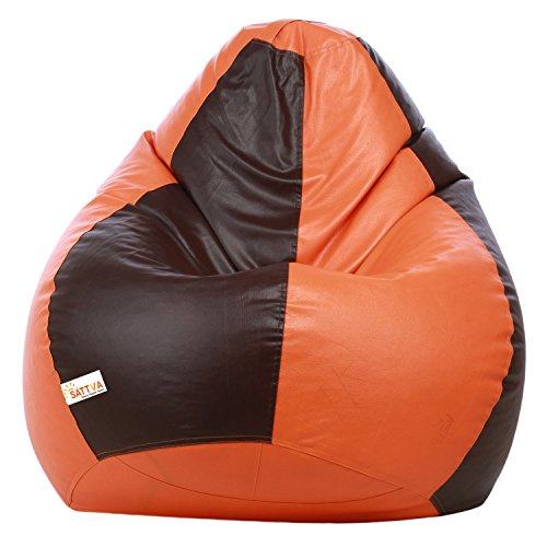 Image of Sattva Combo Classic XXL Bean Bag Orange Brown and Round Footstool Filled with Beans - Orange with Brown Piping