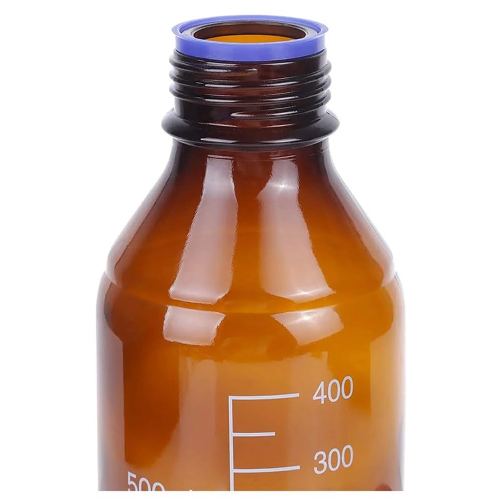Cristalería de Laboratorio Botella de reactivo ácido graduada de vidrio marrón (paquete de 4) con tapa azul GL45 (500 ml)