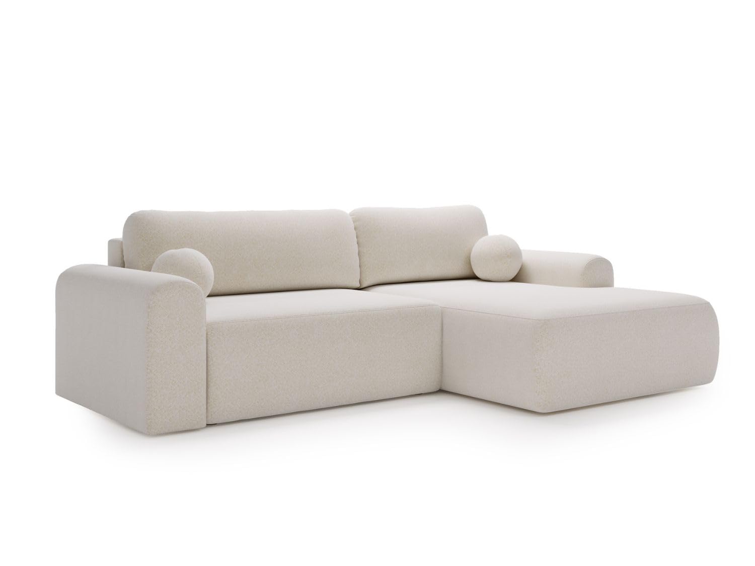 GRAINGOLD Savana L 257x177 cm, L-Form Sofa, Schlafcouch für Wohnzimmer, Bouclé-Stoff, 3-Sitzer Eckcouch, Ecksofa mit Bettkasten (Weiß, Rechts)