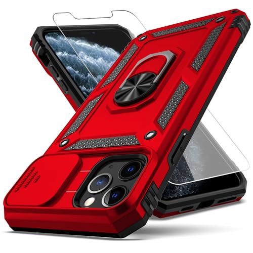 YZOK for iPhone 11 Pro Max Case with Slide Camera Cover+ HD Screen Protector,Rotated Ring Kickstand Military Grade Shockproof Protective Cover-Red