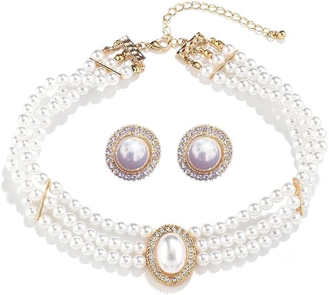 Wedding Bridal Cultured Pearl Layered Necklace with Cubic Zirconia Crystal Baroque Pearls Stud Earrings Set for Women Adjustable Chain Choker Necklace Elegant Jewelry Gifts for Wife