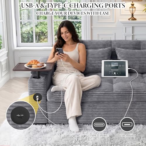 Image of Dreamzie 65'' Convertible Sleeper Sofa Bed with 90 Swivel Side Table, Pull Out Couch for Living Room, Loveseat Sleeper Couch with Hidden Storage Space | Charging Port | Cup Holders, Grey