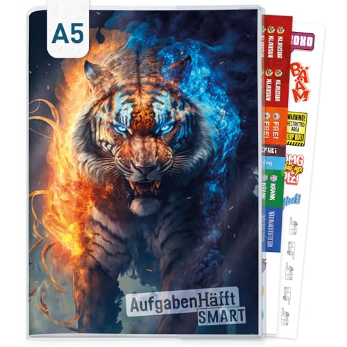 Häfft Hausaufgabenheft A5 ohne Datum - immer sichtbarer Stundenplan Softcover Aufgabenheft inkl. Schutzumschlag + Sticker Wild Tiger