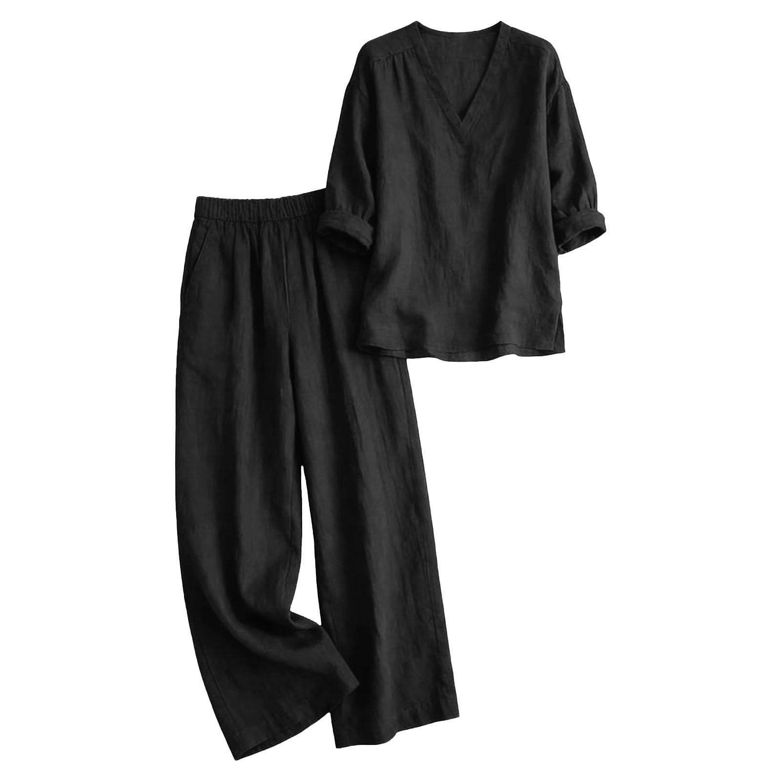 Zweiteiliges Set Damen Elegant - Sommer Leinenanzug Langarm V-Ausschnitt