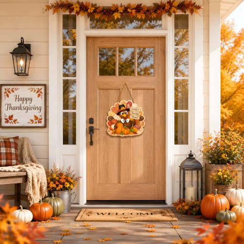 Image of Thanksgiving Decorations - Hanging Wooden Sign for Front Door | Turkey Pumpkin Door Wreath Sign for Friendsgiving Decorations | Thanksgiving Party Favors Supplies for Home Door Wall Decor