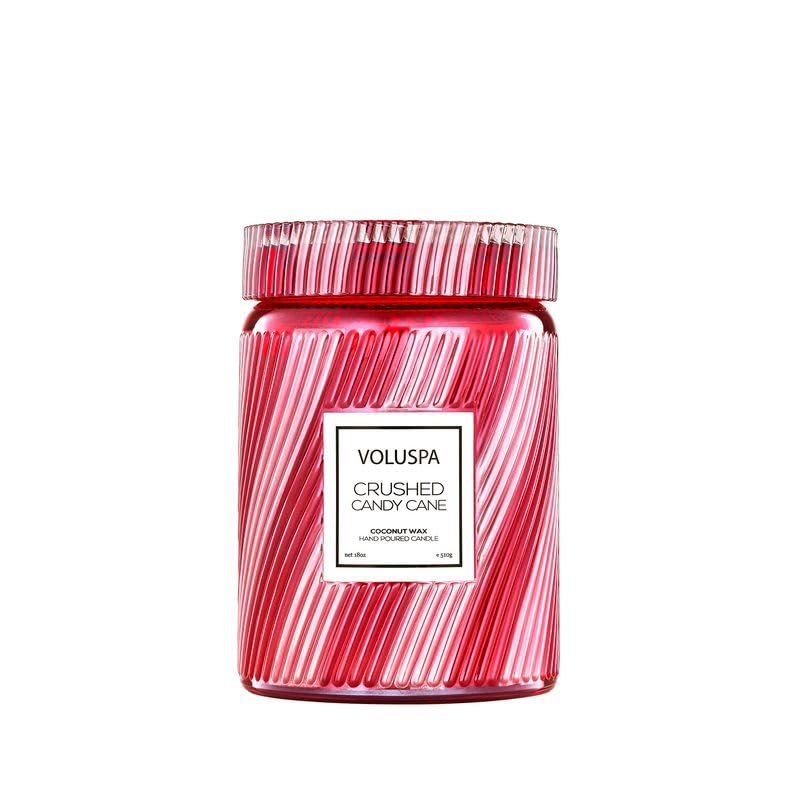 Image of Voluspa Crushed Candy Cane, Large Candle Jar, 18 oz, 100 Hour Burn Time, Coconut Wax for Clean Burning, Handcrafted in the USA