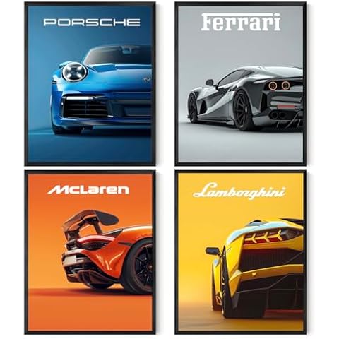 SUPPLY DROP 4 Car Posters - Sports Car Posters Pack, Vibrant Car Posters, Car Posters for Office, Bedroom, Living Room, Vintage Racing Car Wall Art for Boys Bedrooms (Unframed 11x14inch, 4pcs) Cover