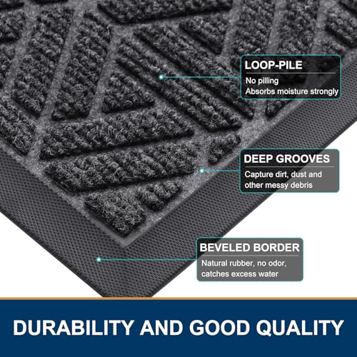 Smiry Front Door Mat Outside Entrance, Heavy Duty Natural Rubber Doormat, Trap Dirt and Moisture Easy Clean Low Profile Patio Porch Welcome Floor Mats for Entry, 59x23 Inch, Grey