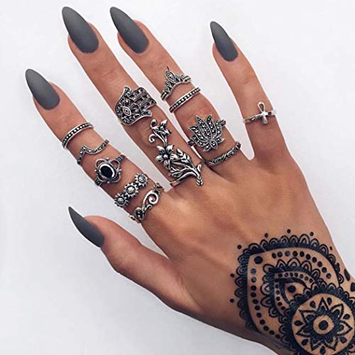 Reetan Boho Vintage Finger Ring Set Rhinestone Flower Joint Knuckle Rings Hollow Carved Stackable Ring for Women and Girls(Pack of 12) (L)
