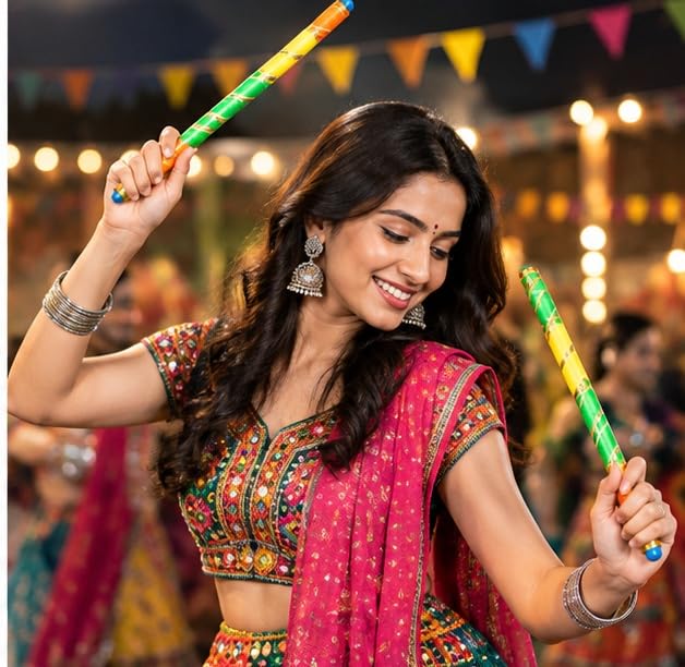 Image of Green & White Floral Dandiya Sticks with Elegant Golden Detailing / ( Pack of 4 Pairs ) Traditional Garba Raas Accessories for Navratri Dance, Dandiya Night & Festive Celebrations / Color May Varies / Pack of 4 Pairs