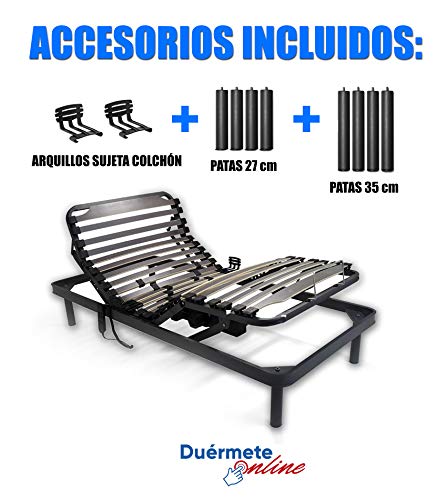 Duérmete Online Cama Eléctrica Articulada 5 Planos Bastidor Reforzado y Taco de Caucho con Patas de 27cm y 35cm, Haya, Pintura Epoxi Gris, 90x190