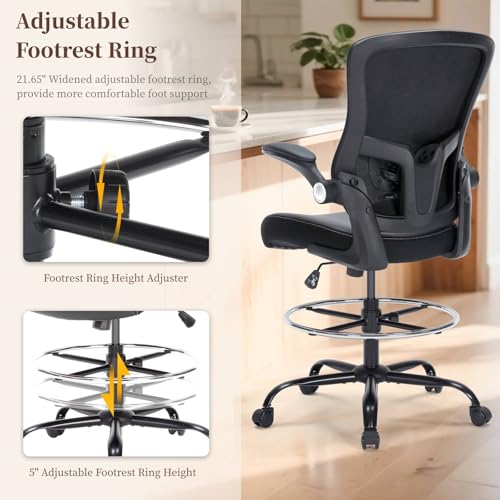 Image of Drafting Chair, Tall Office Chair with PU Leather Seat, Ergonomic Standing Desk Chair with Lumbar Support Counter Height Office Chair with Adjustable Footrest Ring Flip-up Armrests