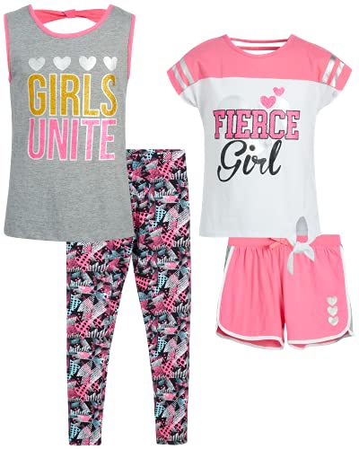 My Destiny Girls' Activewear Set - Short Sleeve T-Shirt, Tank Top, Shorts, and Leggings Set (4 Piece), Size 10/12, Fierce/Girls Unite