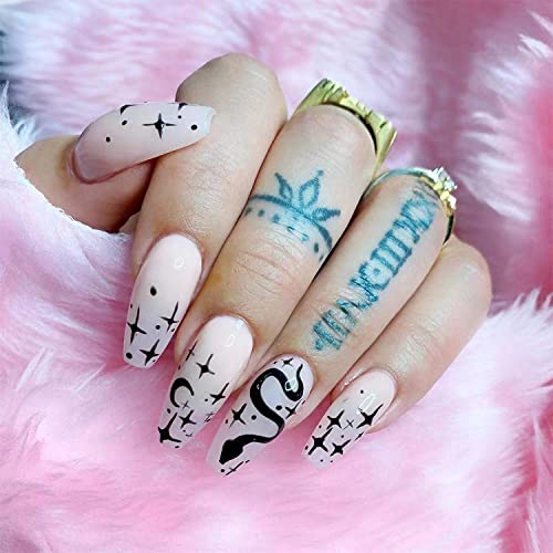 24 Pcs Press on Nails Medium Length Fake Nails, White Coffin Nails with Black Star Moon Snake Designs Full Cover Stick on Nails Acrylic Nails Press on for Women DIY Nail Art Decorations