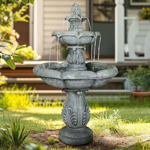 Image of SunJet 48 inch High 3-Tiers Modern Concrete Outdoor Water Fountain - Round Large Outdoor Fountains and Waterfalls for Garden, Patio, Yard, and Deck Decor, Featuring Natural Stone Look (Grey, 48 inch)