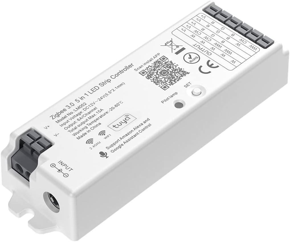 BTF-LIGHTING 5in1 LM052 Tuya Zigbee3.0 LED Controller Supporto Dimming CCT RGB RGBW RGBCCT PWM striscia LED Compatibile con Echo Plus Echo(4th Gen) Ponte/Gateway ZigBee3.0 Lavoro con WR01RF WR02RF ecc