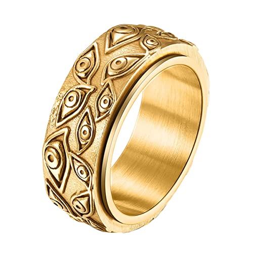 ALBEST Jewelry Stainless Steel Rings for Men 9MM 3D Engraved God Eyes Spinner Rings, Gold, Sizes 14