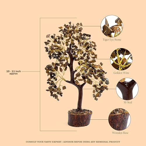 Image of Tiger Eye Gemstone Tree | 300 Beads | Money Bonsai | Good Luck | Chakra Balancing | Reiki Healing Crystals | Prosperity Table Decor | Gift | Size 9-10 Inch
