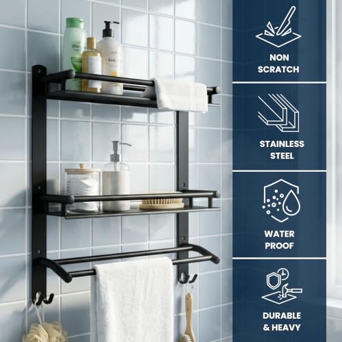 Image of GLOXY Premium Combo Pack of 3 Matte Black Stainless Steel Bathroom Shelves | 2-Layer Storage Rack with Towel Holder Bathroom Organizer for Home, Office & Restaurants