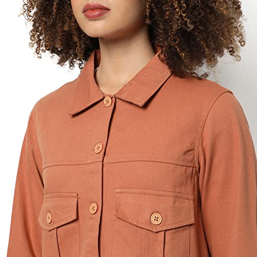 Image of Campus Sutra Women Orange Regular Fit Denim Jacket For Winter Wear | Collared Neck | Full Sleeve | Buttoned | Casual Jacket For Woman & Girl | Western Stylish Jacket For Women