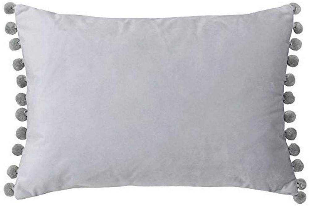 Riva Paoletti Fiesta Rectangular Feather Filled Cushion Pompom Edges-Faux Velvet Fabric-Discreet Zip Closure-100 Case (14" x 20" inches), Polyester, Dove/Silver, 35 x 50cm