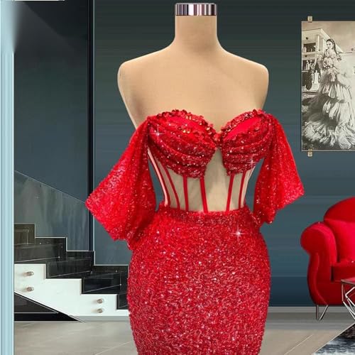Off Shoulder Red Mermaid Evening Dress Sequined Party Prom Dress Pageant Celebrity Gowns2
