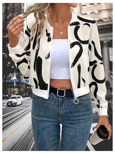 SweatyRocks Women's Graphic Zip Up Long Sleeve Bomber Jacket Fall Shacket Coat Lightweight Outerwear4